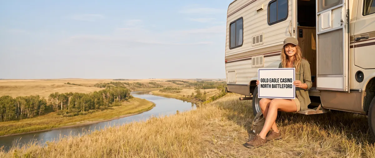 Generated picture: the guide's character, a young woman in a khaki cap, white tank top, olive overshirt and short khaki shorts, sits on the step of a cream camper van above a prairie river valley, holding a card that reads Gold Eagle Casino, North Battleford.